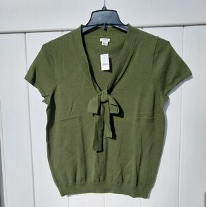 J. Crew Green Tie-Front Short Sleeve Cotton Top Size L